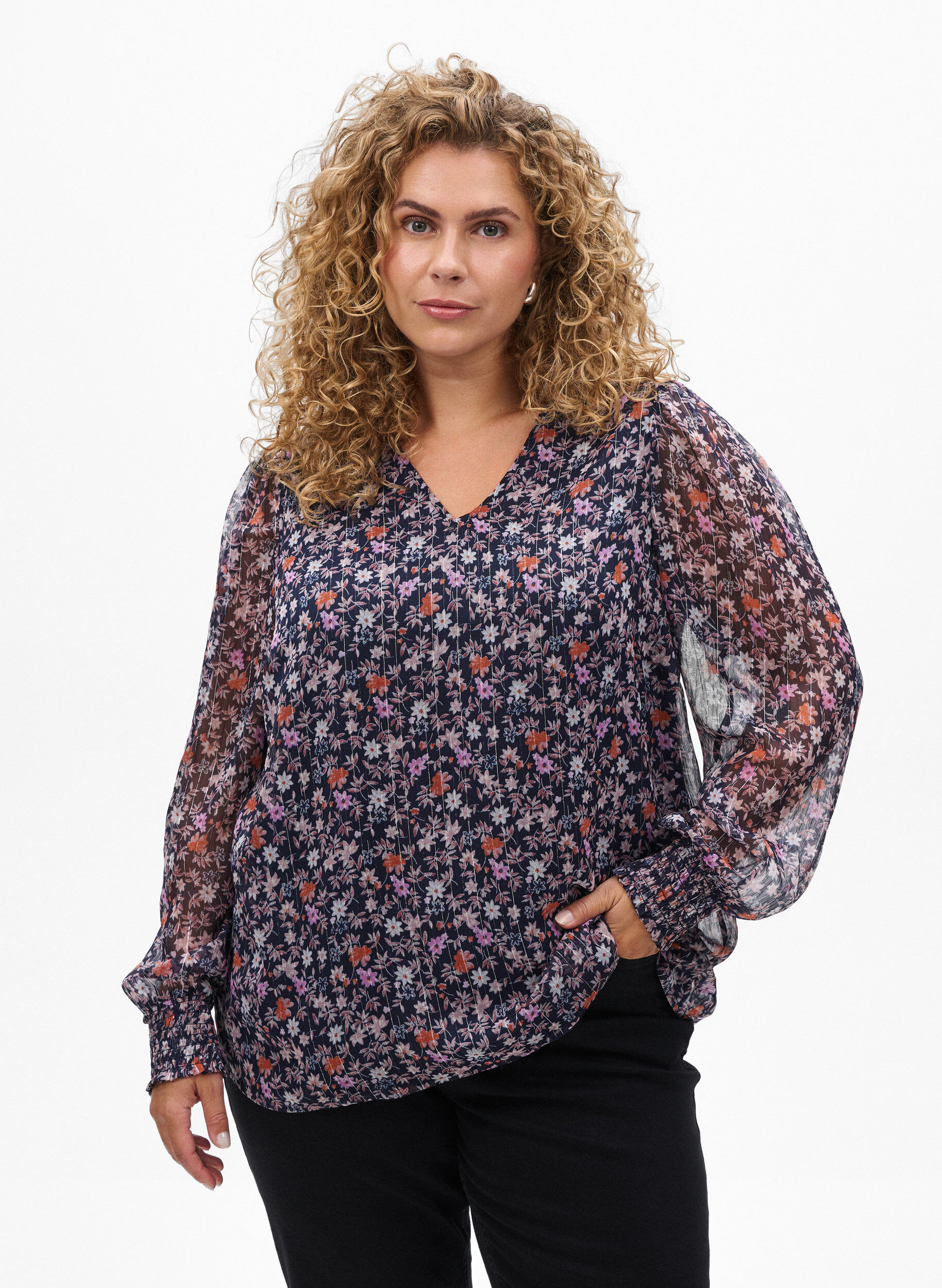 ZizziChemisier &agrave; imprim&eacute; floral et fil paillet&eacute;, Bleu, Model image number 0