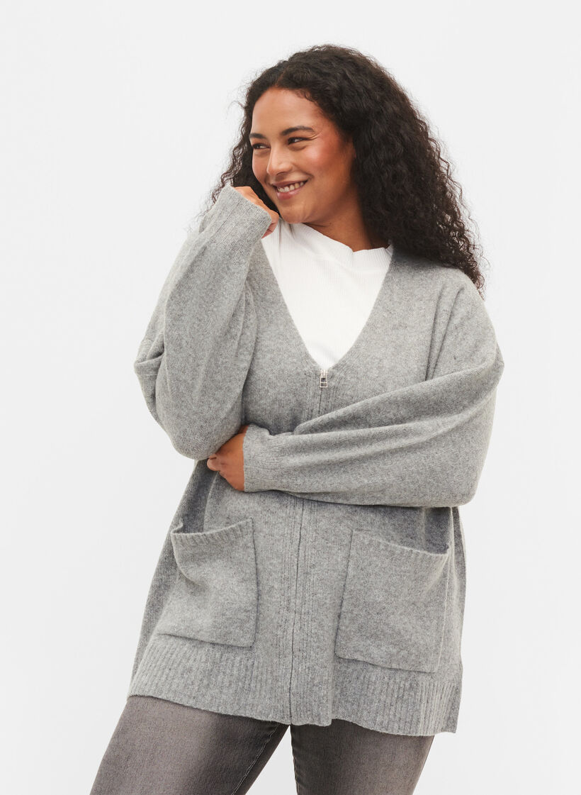 Long cardigan en maille à fermeture Éclair et poches, Medium Grey Melange, Model image number 0