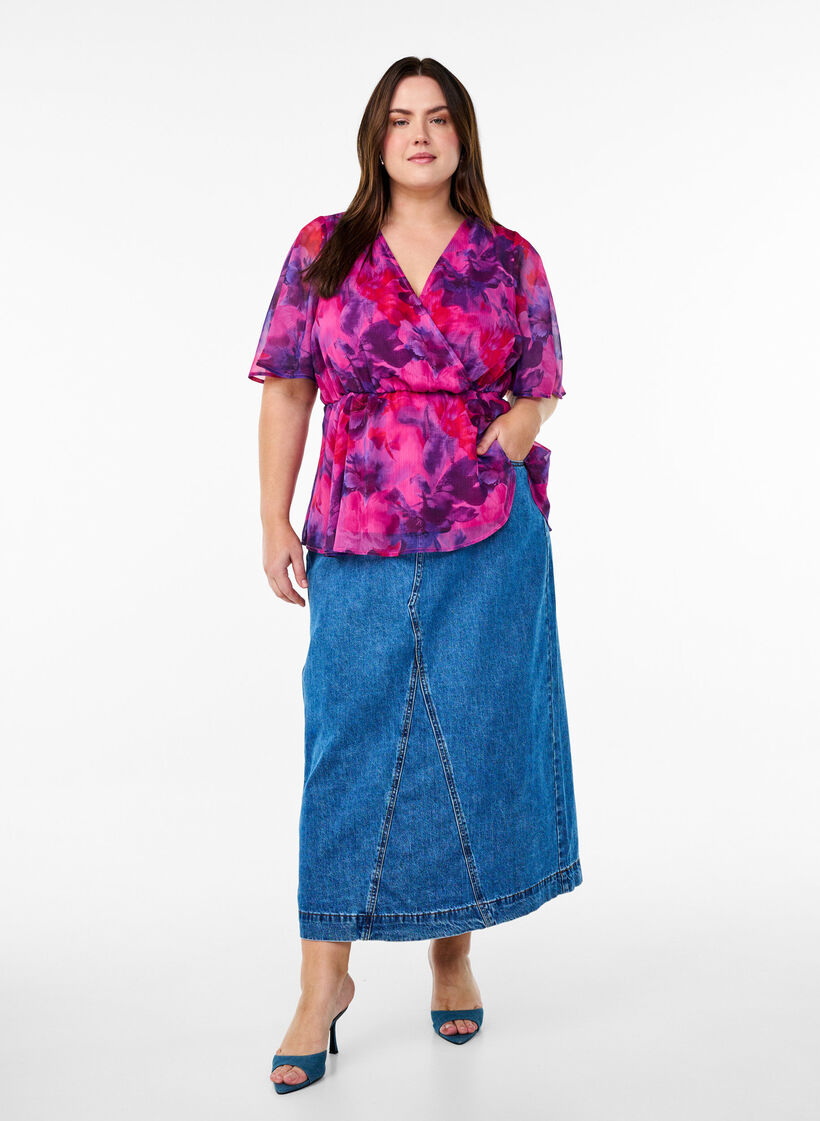 Gebl&uuml;mte Chiffonbluse mit kurzen &Auml;rmeln, Rot, Model image number 1