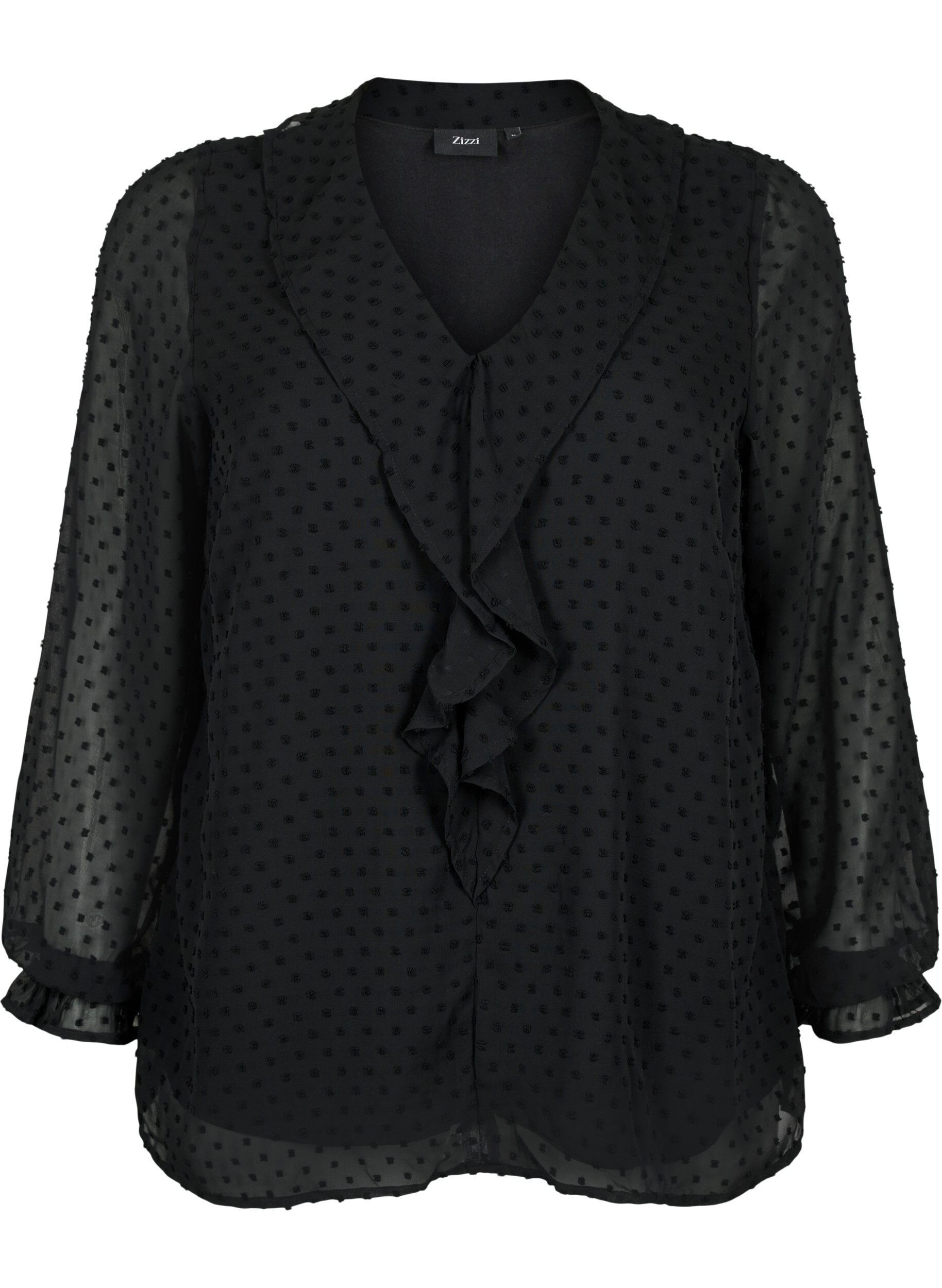 Zizzi Blouse avec volants et texture en pointill&eacute;s, Black, Packshot image number 0