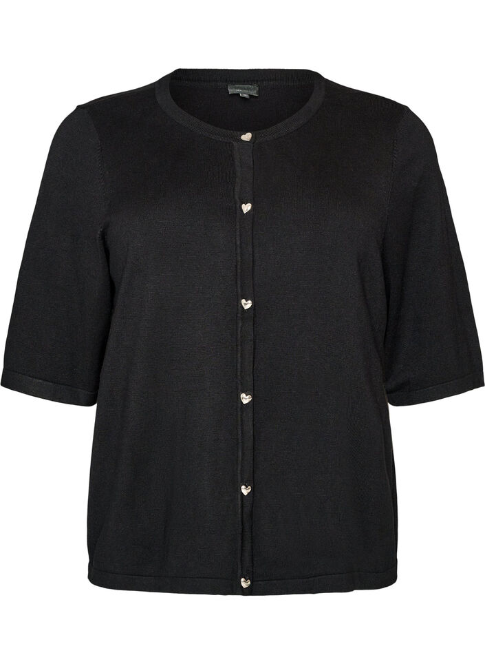Cardigan en maille avec boutons c&oelig;ur et manches courtes, Noir, Packshot image number 0