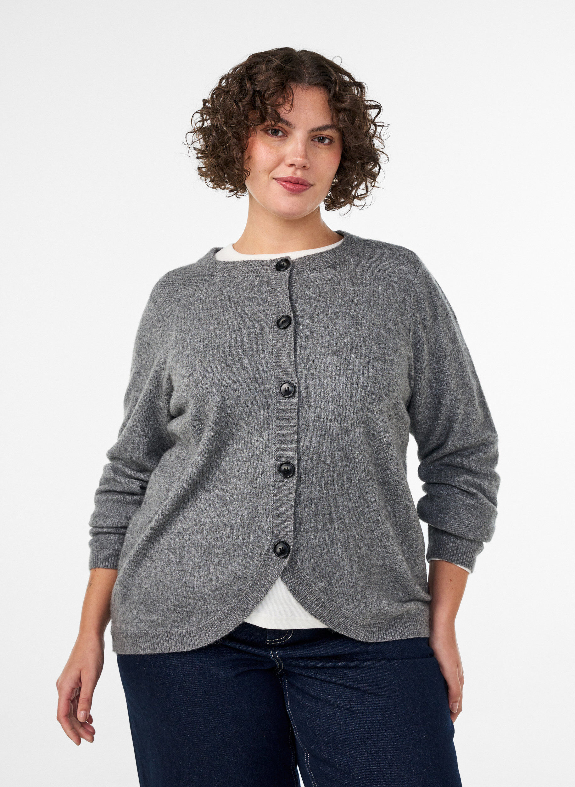 ZizziCardigan avec boutons et devant arrondi, Gris, Model image number 0