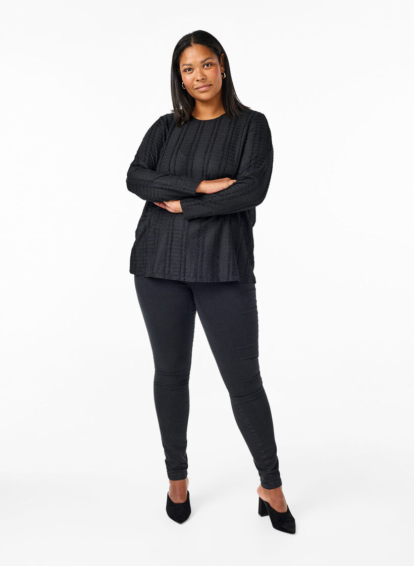 Chemisier manches longues texturé, Black, Model image number 2