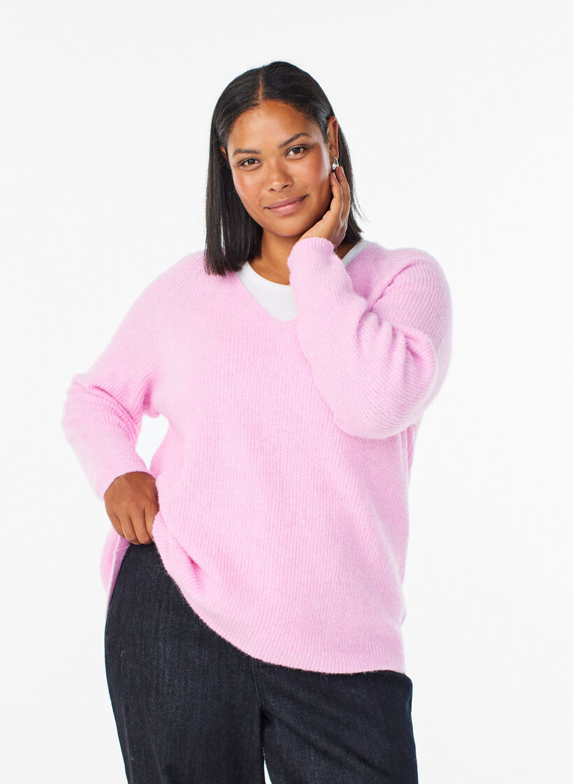Strickbluse mit V-Ausschnitt und Raglan&auml;rmeln, Pink, Model image number 0