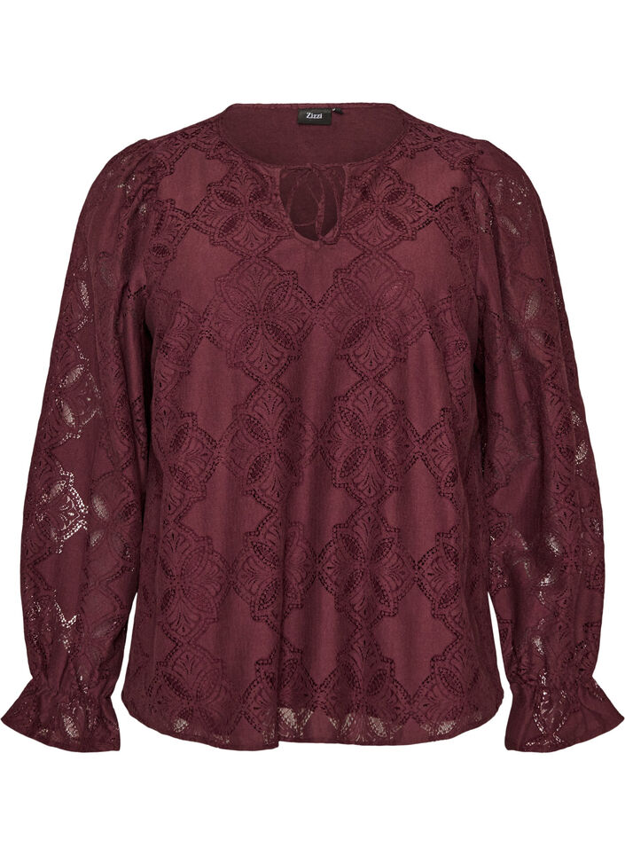 Blouse en dentelle &agrave; manches longues, Bordeaux fonc&eacute;, Packshot image number 0