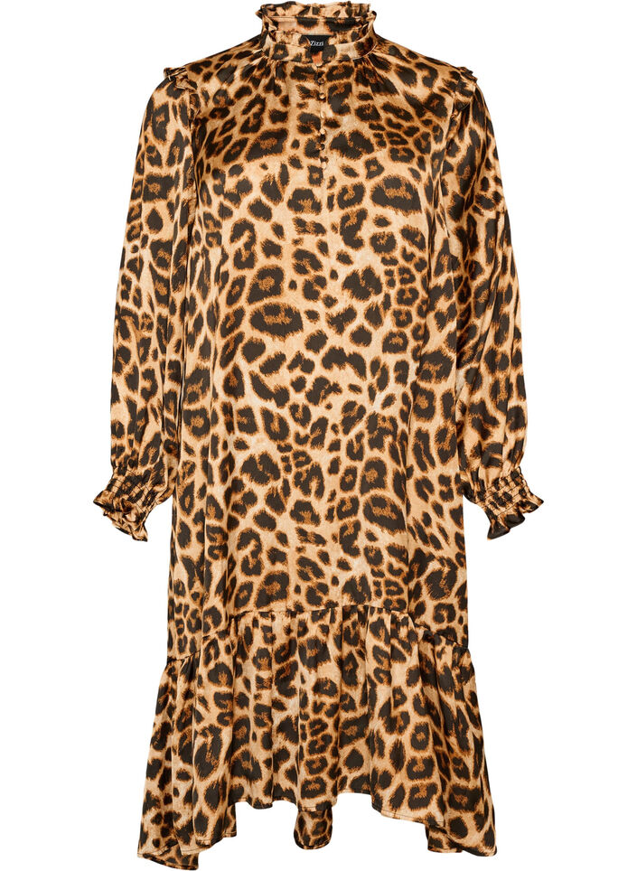 Robe &agrave; imprim&eacute; l&eacute;opard avec volants, Marron, Packshot image number 0