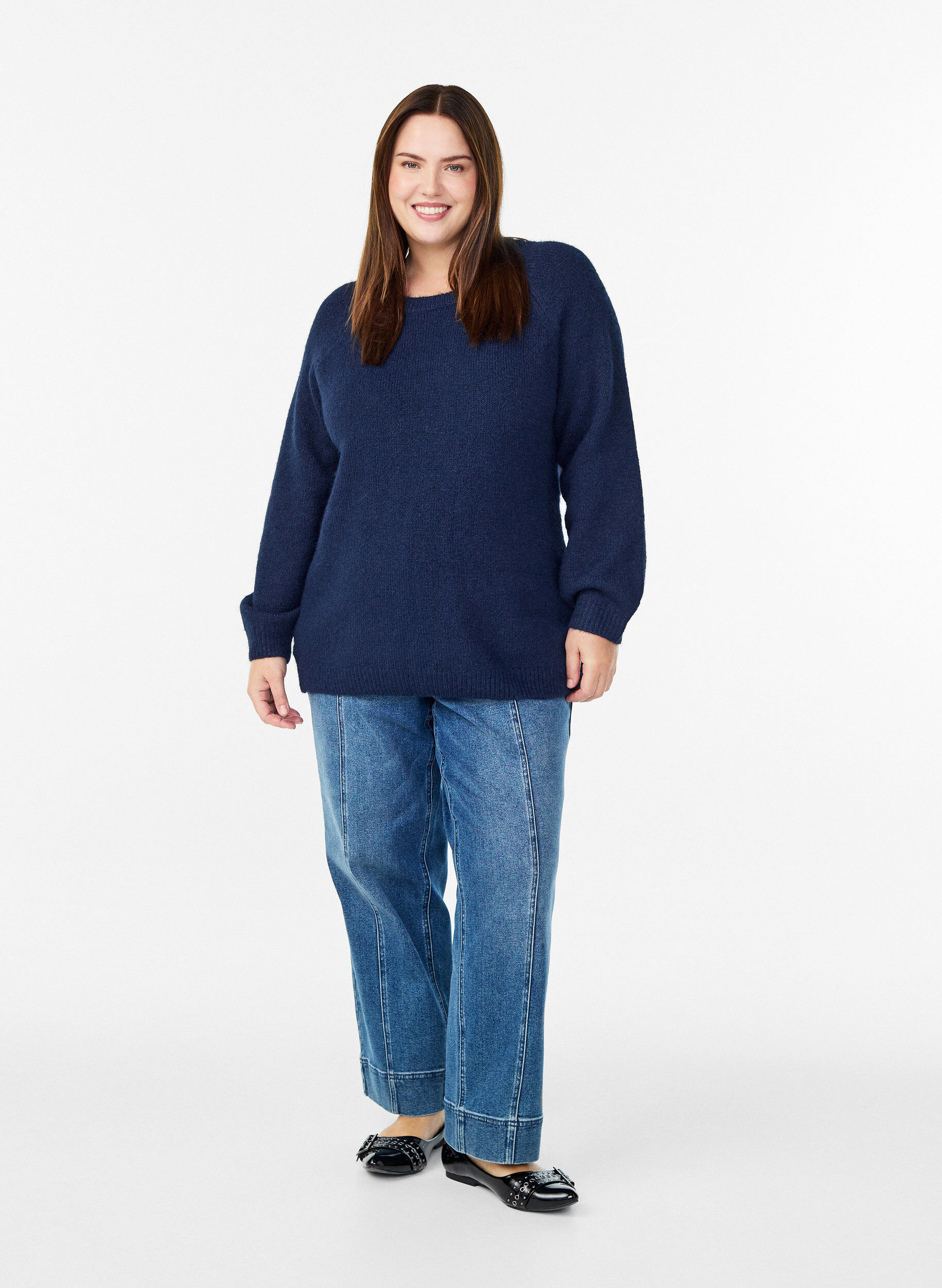 Zizzi Strickbluse mit Raglan&auml;rmeln, Blau, Model image number 1