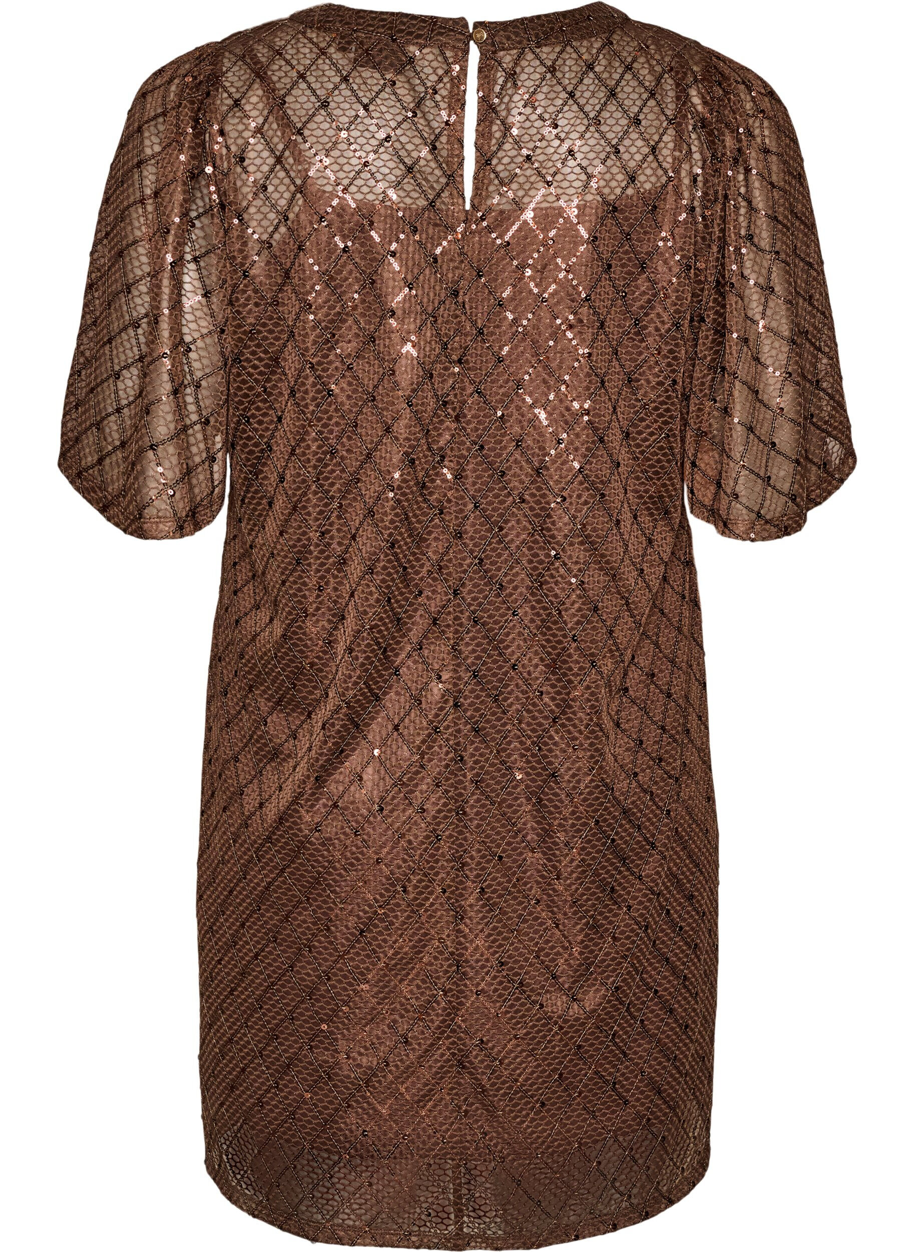 ZizziKurzes Kleid mit Pailletten und Rautenmuster, Braun, Packshot image number 1
