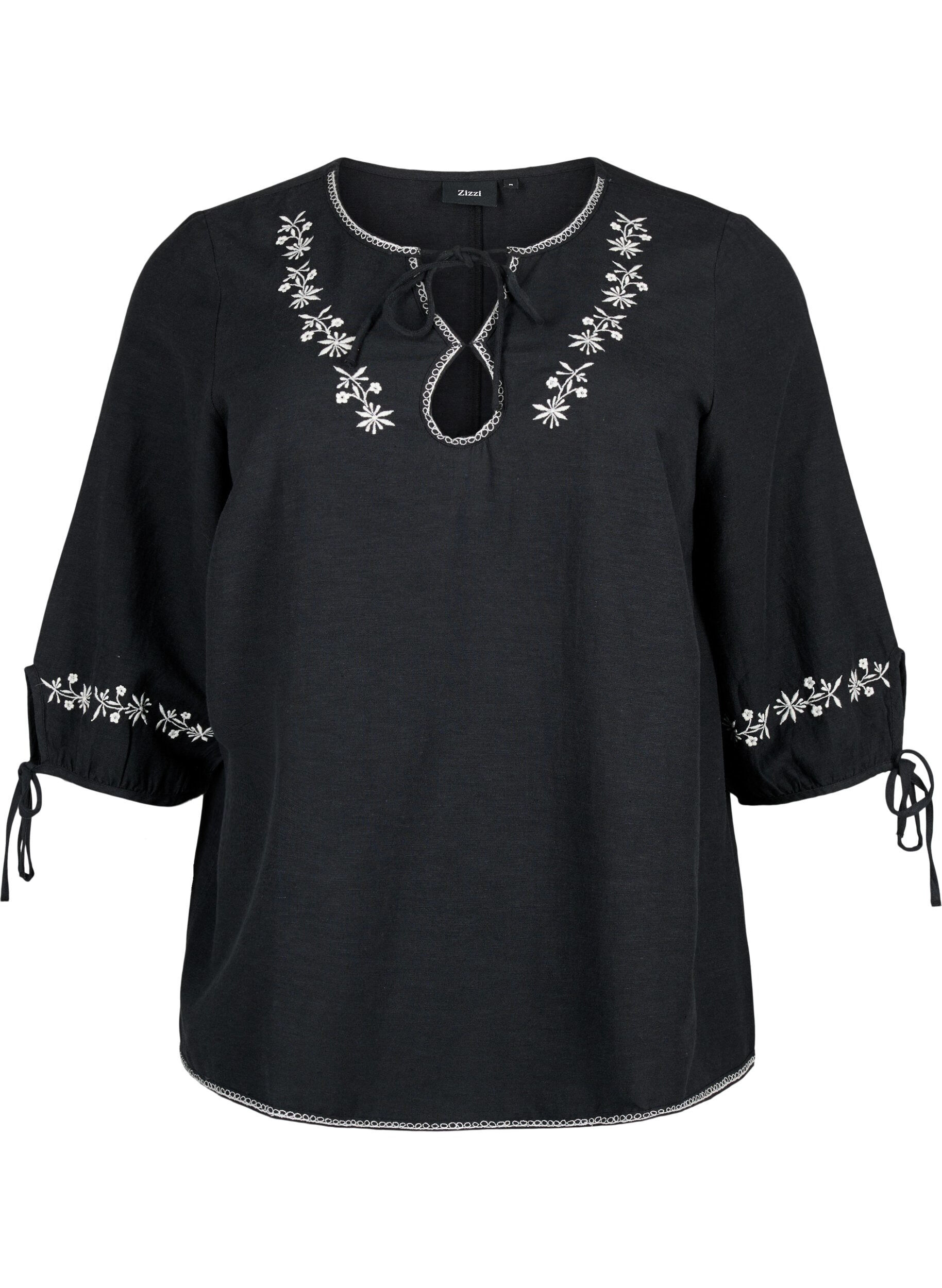 Zizzi Bestickte Bluse aus Baumwollmischung mit Leinen, Black W. EMB, Packshot image number 0