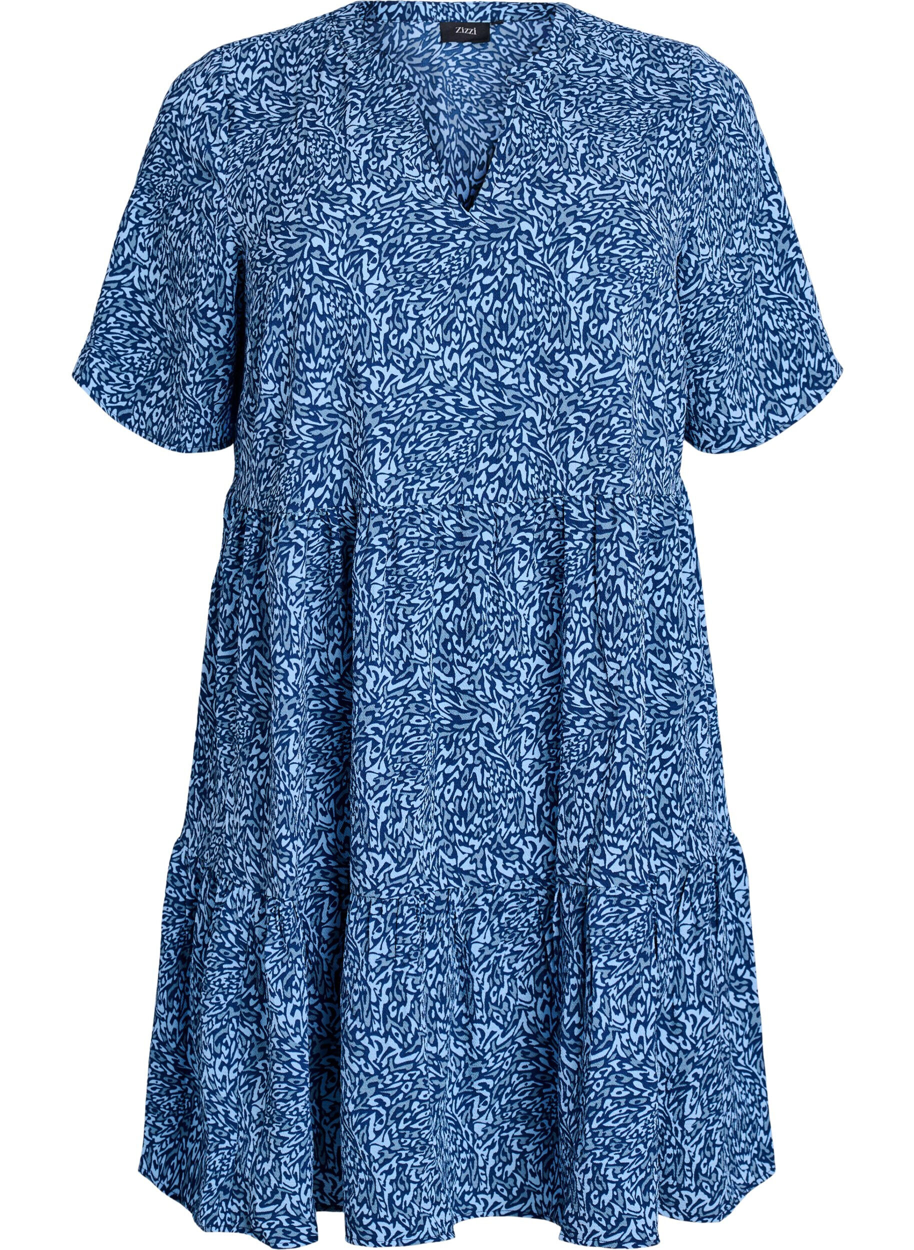 Zizzi Kurzarmkleid in A-Linienform mit Schnittlinien, Blau, Packshot image number 0