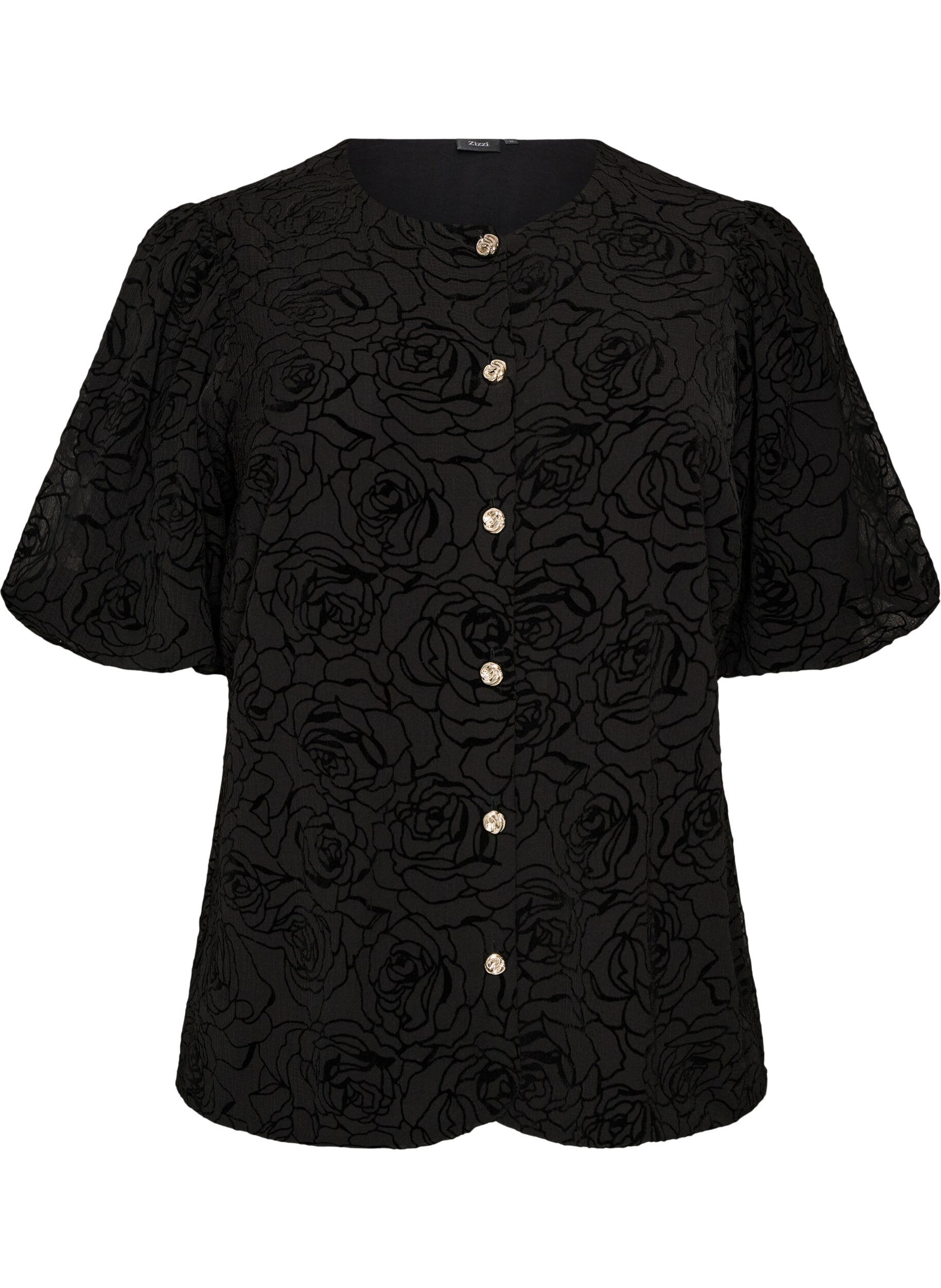 ZizziBlouse avec motif floral et manches ballon, Noir, Packshot image number 0