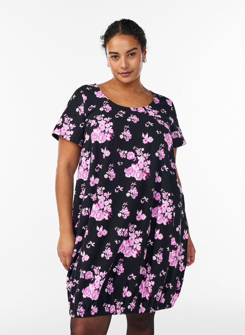 Robe en coton &agrave; manches courtes avec imprim&eacute;, Charbon, Model image number 0
