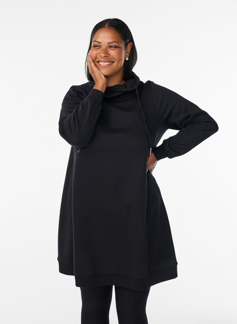 Robe sweat-shirt courte &agrave; col montant et poches, Noir, Model image number 0