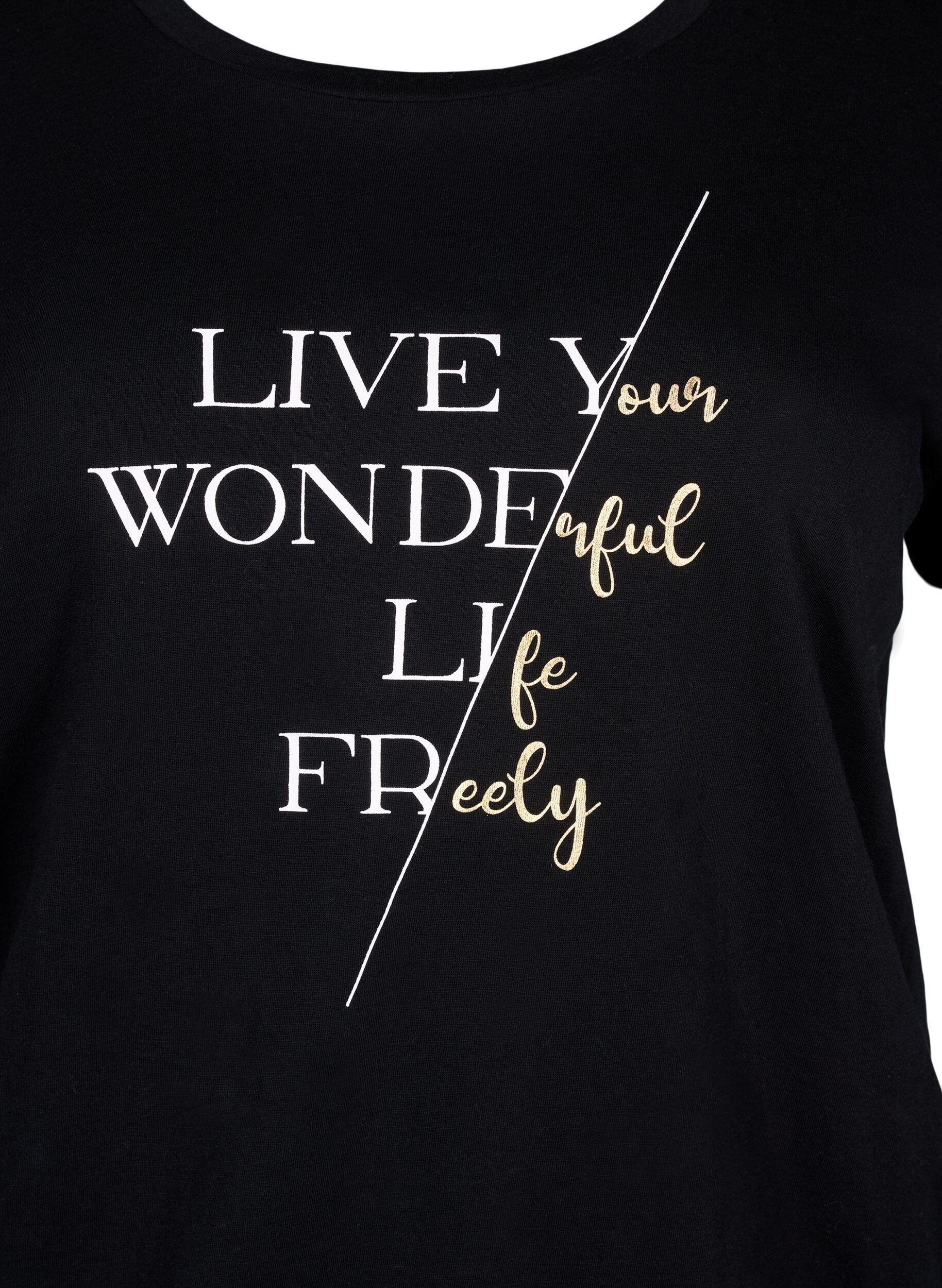 Zizzi T-shirt en coton &agrave; manches courtes avec bord &eacute;lastique, Black w. Live, Packshot image number 2