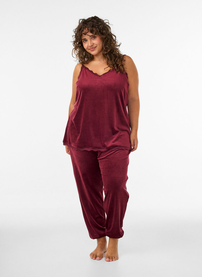 Top aus Velours mit Spitzen, Rot, Model image number 1