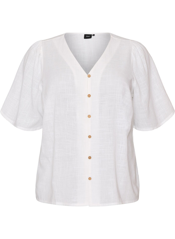 Kurz&auml;rmelige Bluse aus Baumwolle mit V-Ausschnitt, Wei&szlig;, Packshot image number 0