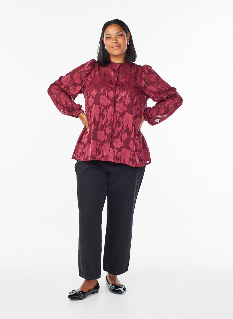 Blouse avec boutons et motif fleuri, Bordeaux foncé, Model image number 1