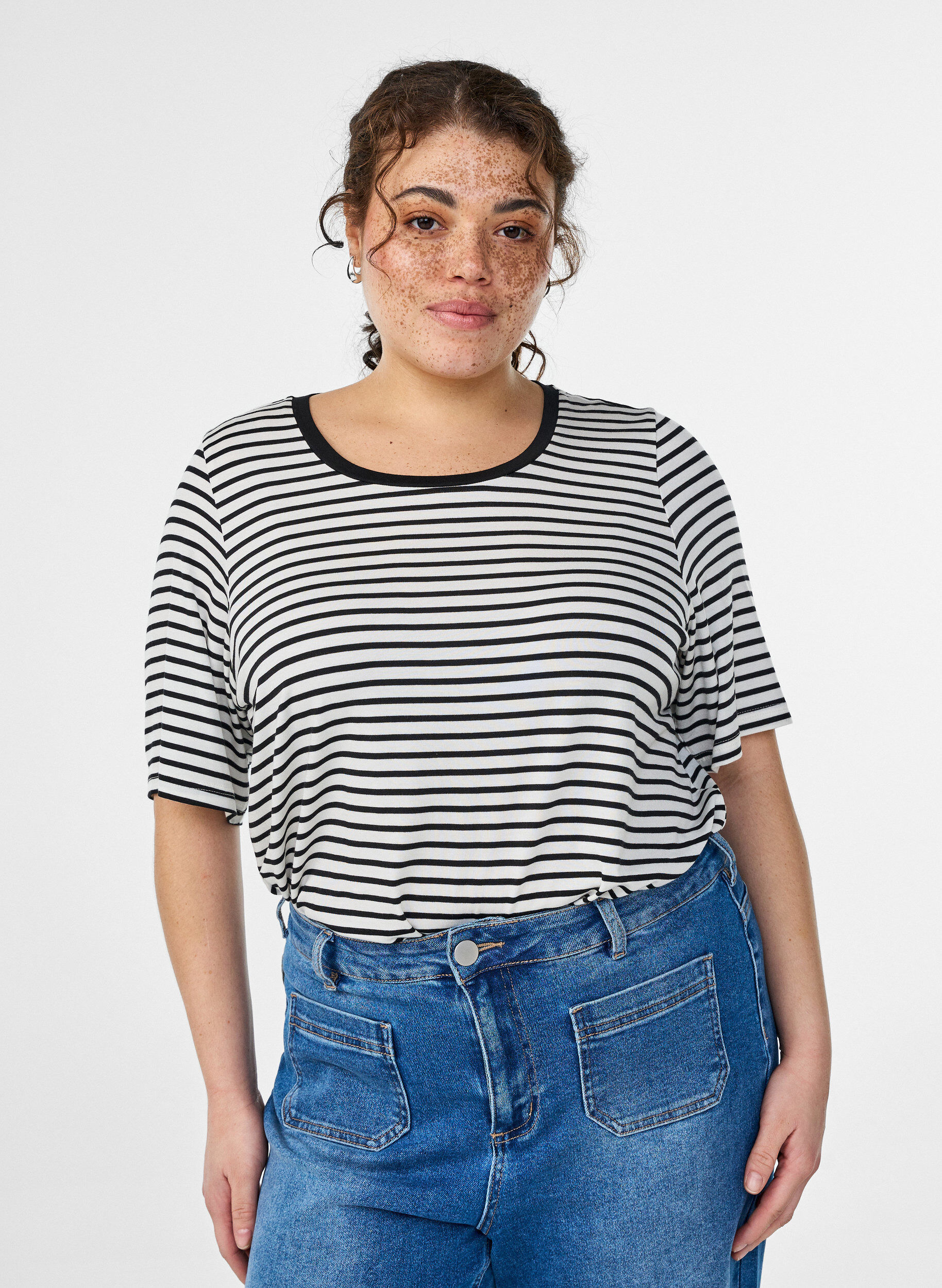 T-shirt en TENCEL&trade; Lyocell &agrave; rayures, Blanc, Model