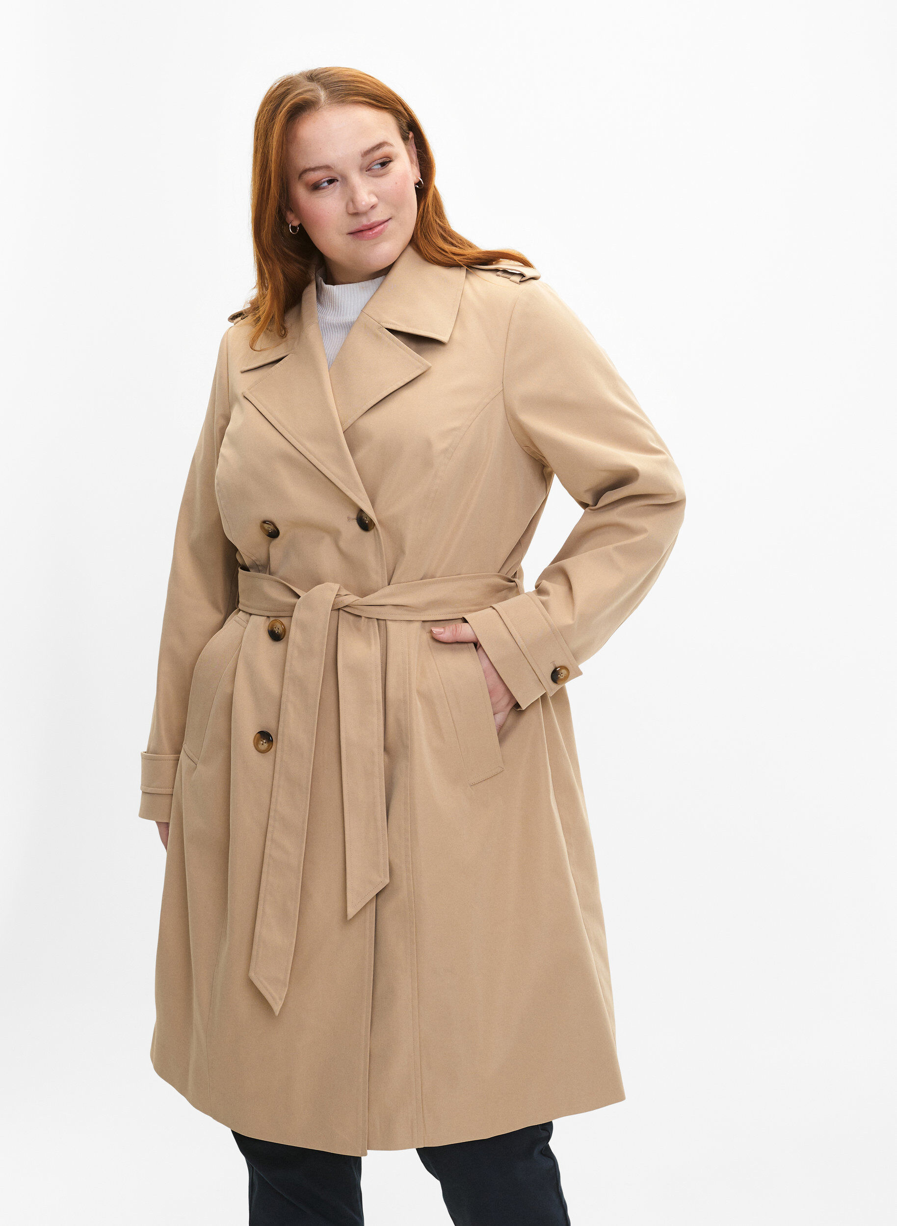 Zizzi Trenchcoat mit Taschen und G&uuml;rtel, Nomad, Model image number 0