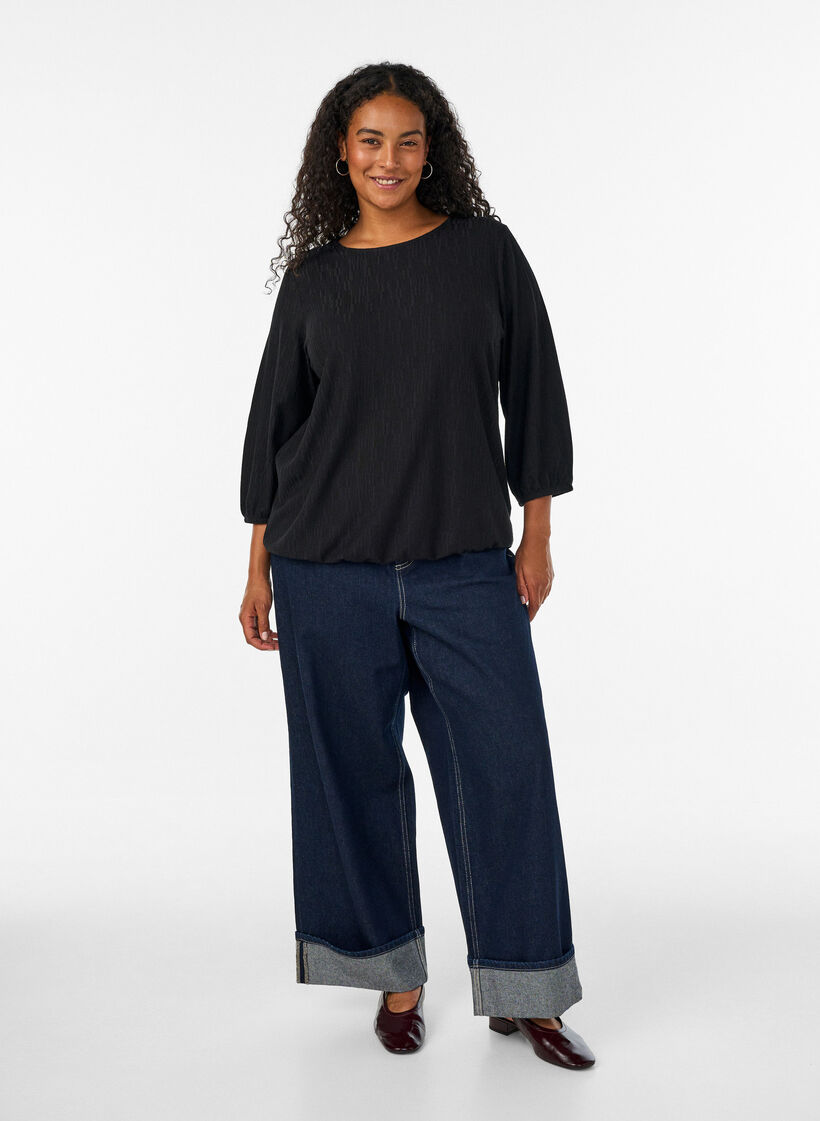 Bluse mit Struktur und 3/4-&Auml;rmeln, Schwarz, Model image number 1