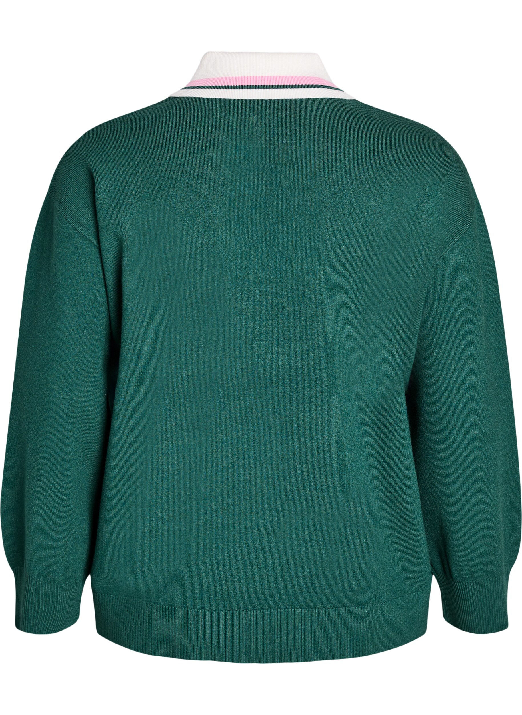 Zizzi Blouse en maille avec col polo et rayures contrastantes, Vert fonc&eacute;, Packshot image number 1