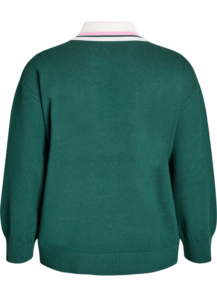 Blouse en maille avec col polo et rayures contrastantes, Vert foncé, Packshot image number 1