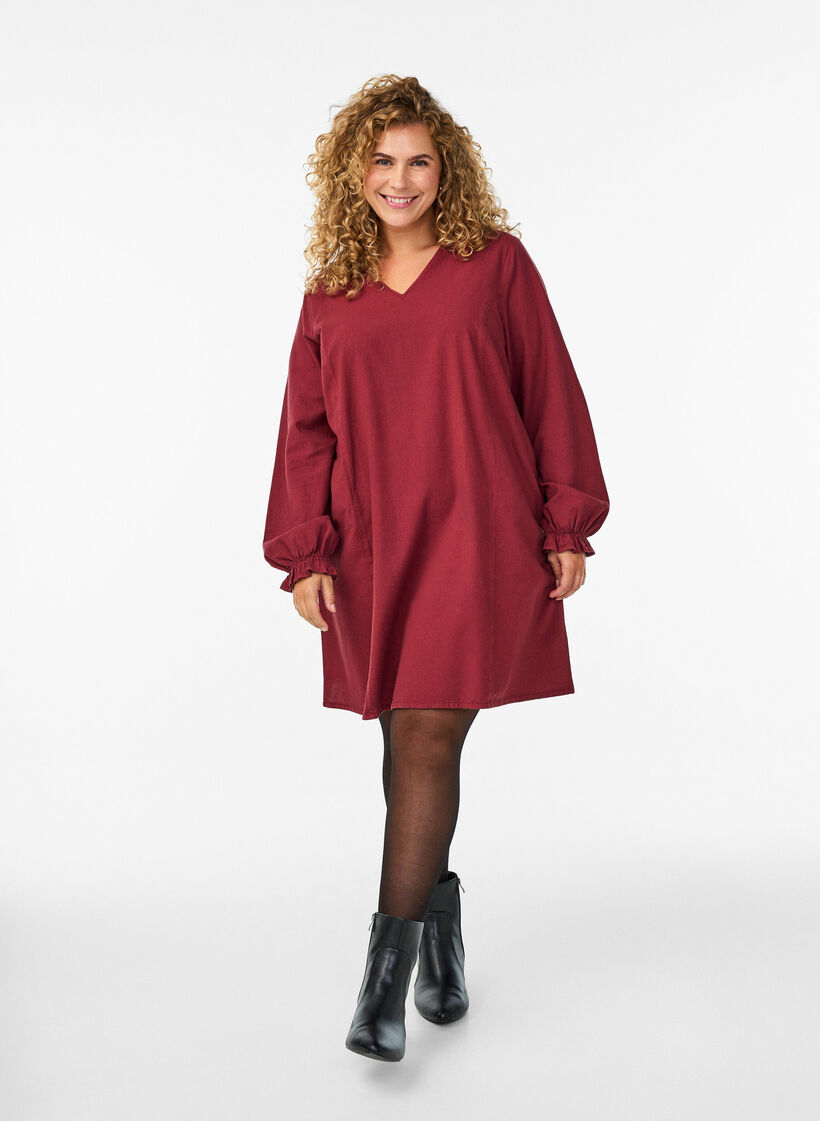 Robe courte en coton avec col en V, Bordeaux foncé, Model image number 1