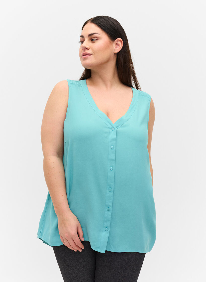 Top en viscose imprimée avec boutons, Aqua Sea, Model image number 0