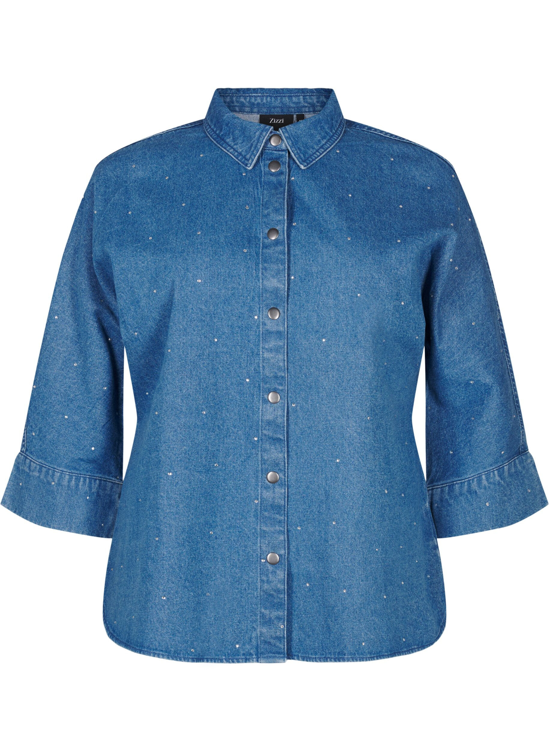 Zizzi Jeanshemd mit Strass-Steinchen und 3/4 &Auml;rmeln, Bl. Denim Rhinestone, Packshot image number 0