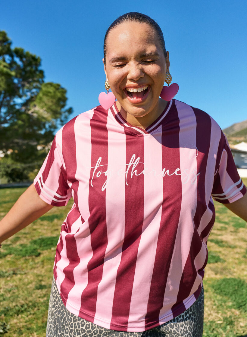 T-shirt sportif avec des rayures et un motif avec du texte, Rose, Image image number 0