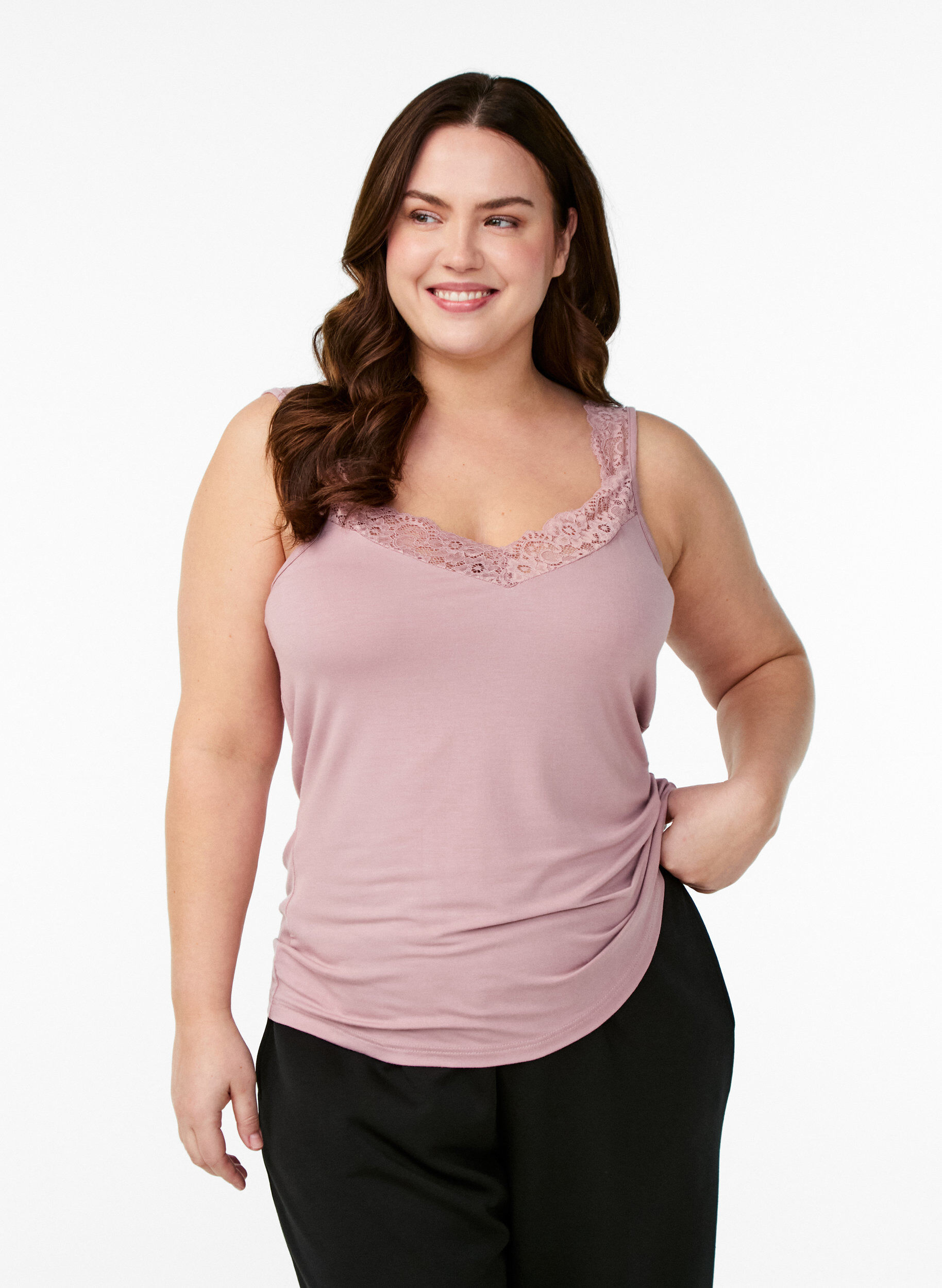 Zizzi Top en viscose avec bord en dentelle, Rose, Model image number 0