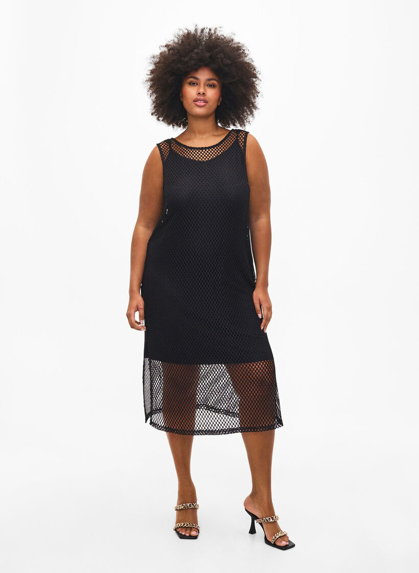 Ärmelloses Mesh-Kleid mit Schlitz, Black, Model image number 0
