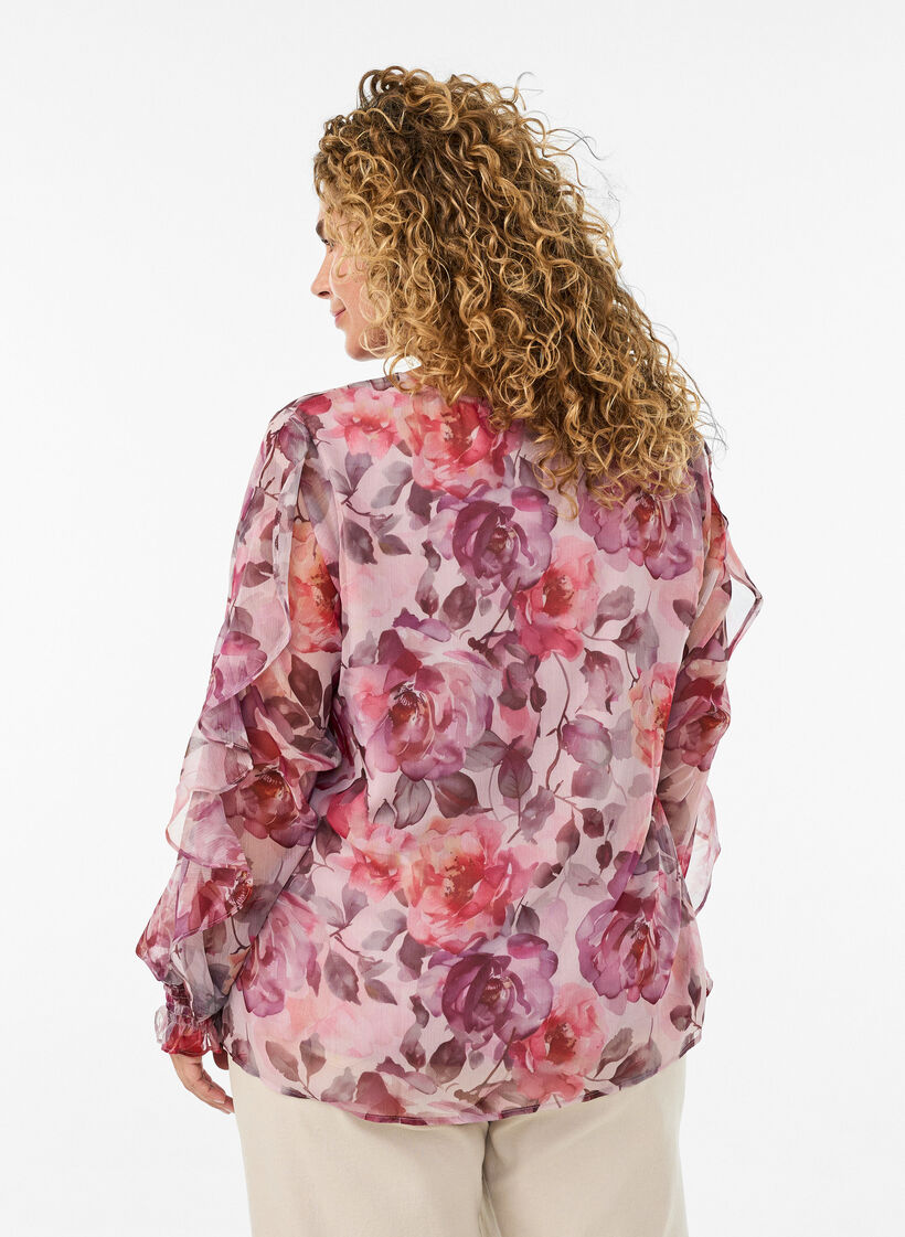 Blouse fleurie avec col en V et manches &agrave; volants, Rose, Model image number 2