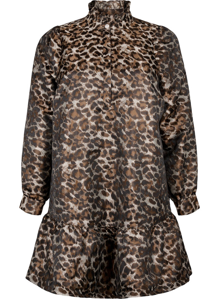 Kurzes Jacquardkleid mit Leopardenmuster, Brown Leo AOP, Packshot image number 0