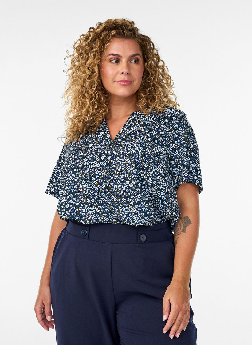 Blouse &agrave; manches courtes et encolure en V, Bleu, Model image number 0