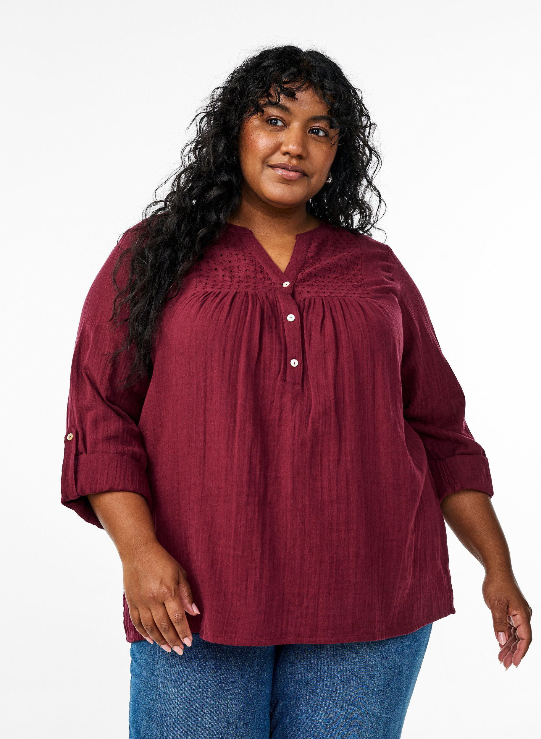 ZizziBlouse en mousseline de coton avec broderie anglaise, Bordeaux fonc&eacute;, Model image number 0
