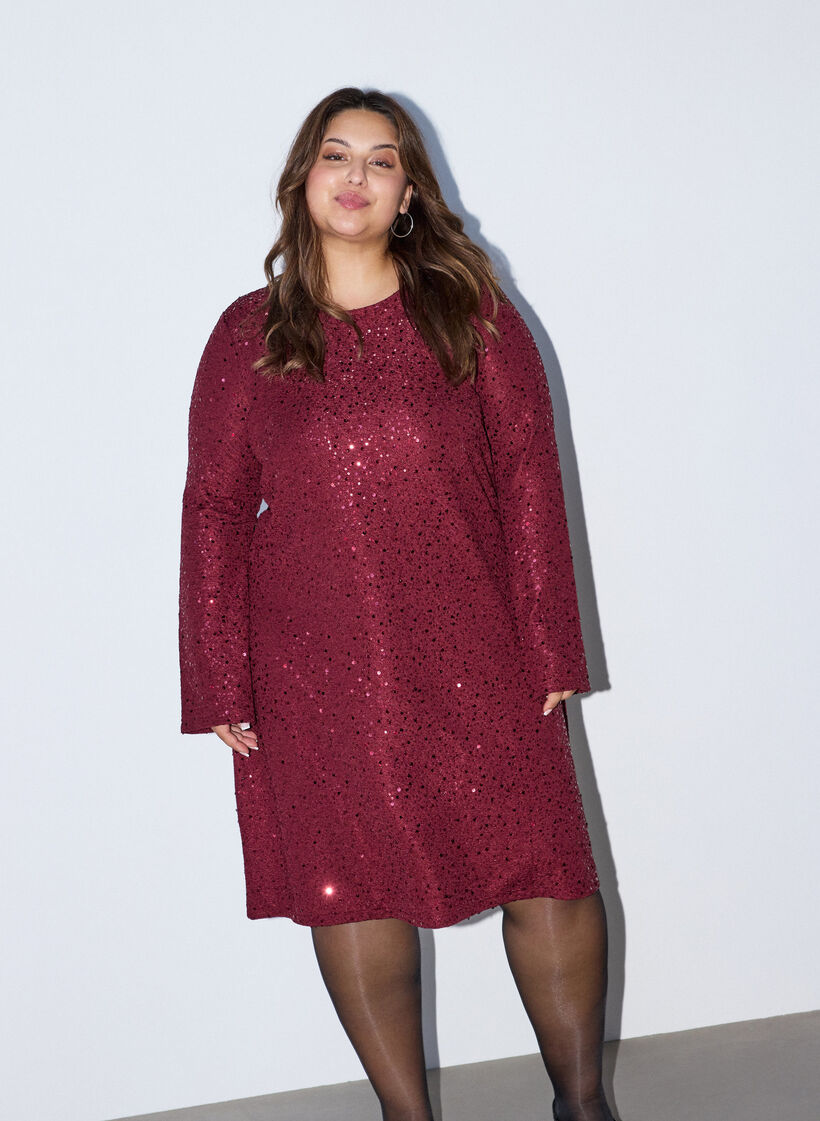 Robe courte en sequins &agrave; la coupe trap&egrave;ze, Bordeaux, Model image number 0