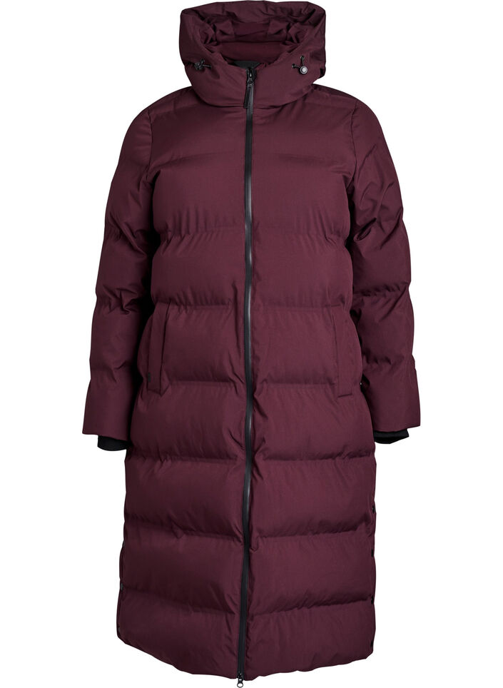 Langer Winter-Steppmantel mit Kapuze, Dunkles Bordeaux, Packshot image number 0