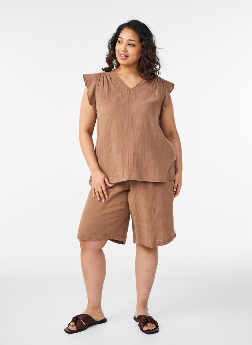 Short ample en mousseline de coton taille haute, Marron, Model image number 1