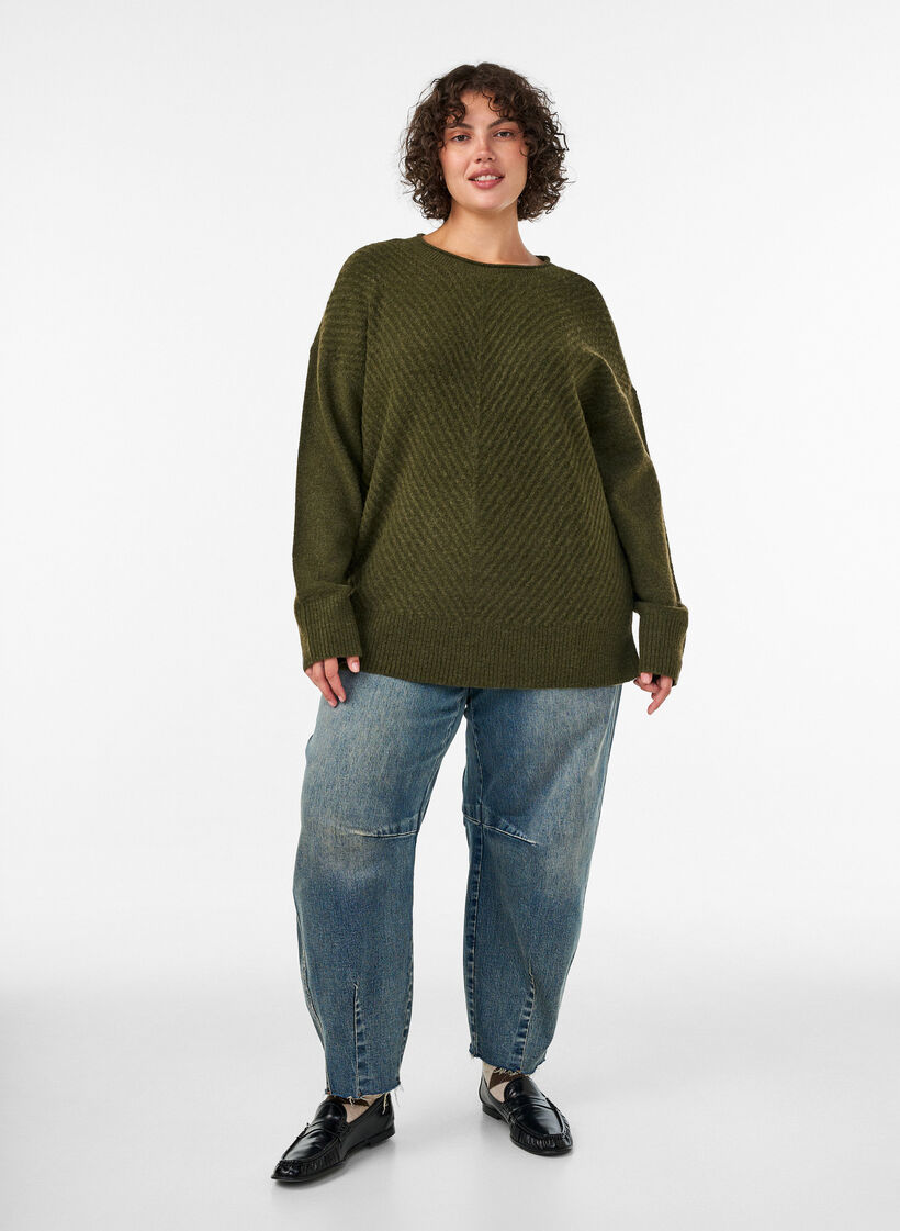 Strickbluse mit V-f&ouml;rmigem Rippenmuster und Schlitzen, Gr&uuml;n, Model image number 1
