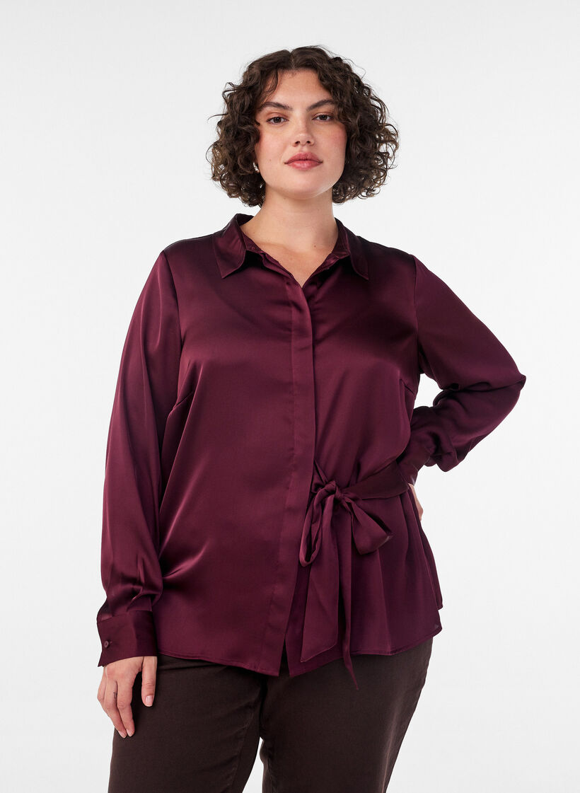 Bluse mit Satin-Optik und Wickeloptik, Rot, Model image number 0
