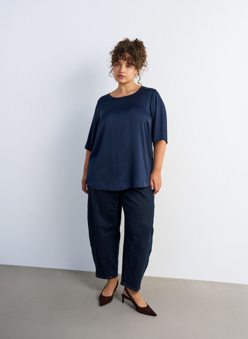Bluse aus Satin mit ellenbogenlangen &Auml;rmeln, Blau, Model image number 1