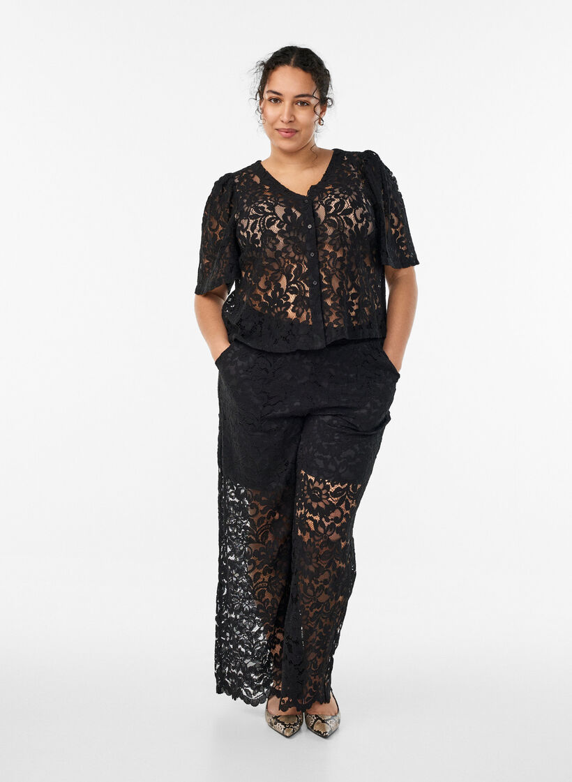 Pantalon taille haute en dentelle &agrave; coupe droite, Noir, Model image number 0