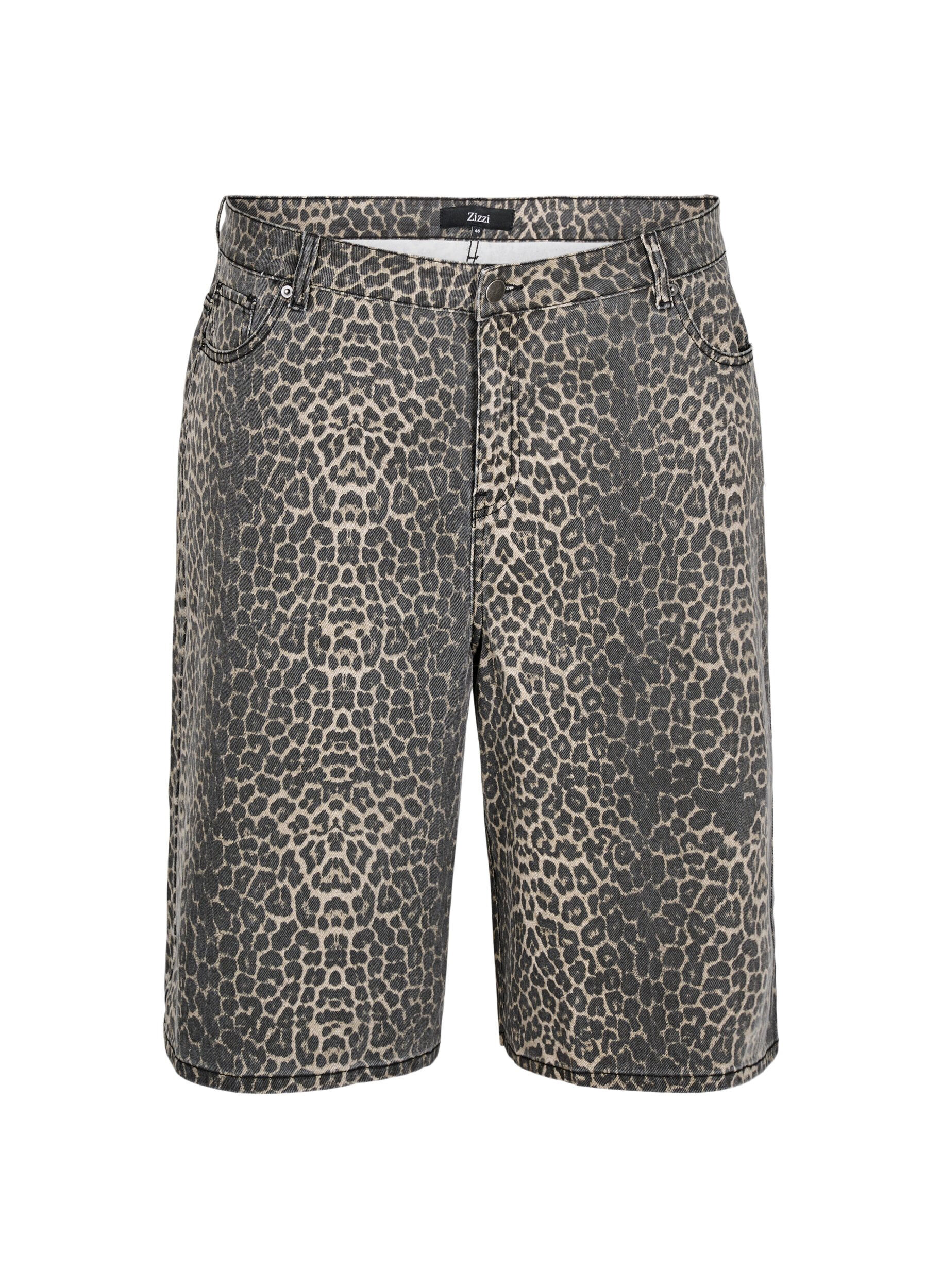 ZizziBermuda en jean avec imprim&eacute; l&eacute;opard, Marron, Packshot image number 0