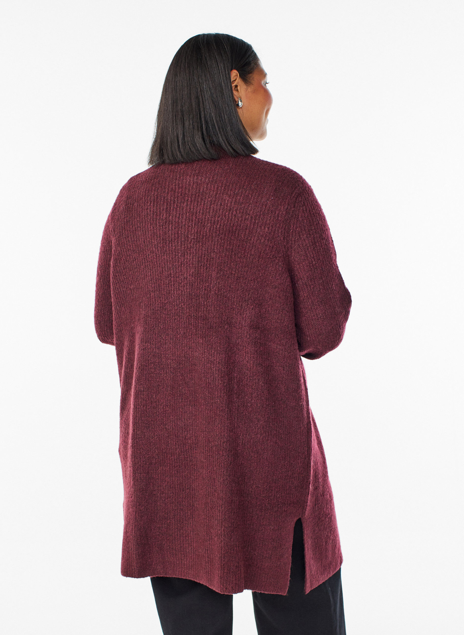 Zizzi Cardigan long c&ocirc;tel&eacute; sans fermeture, Bordeaux, Model image number 2