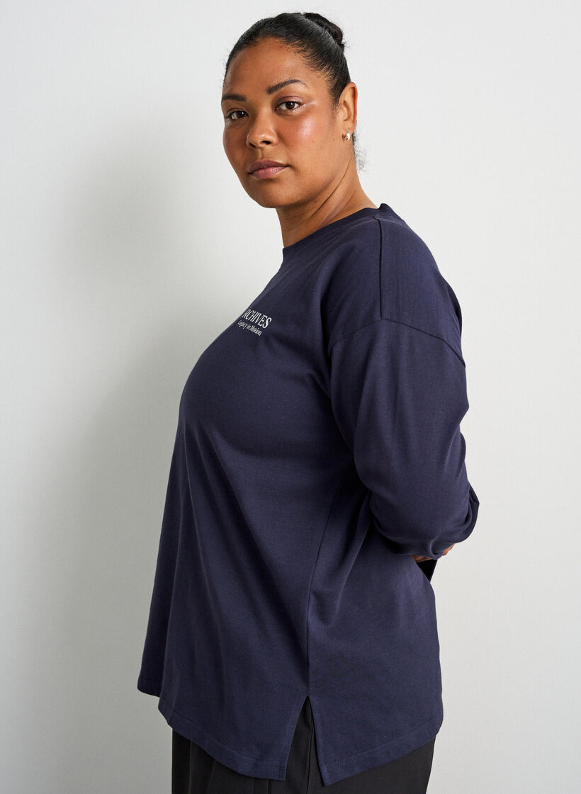 Lang&auml;rmelige Jerseybluse mit Textprint, Blau, Model image number 3
