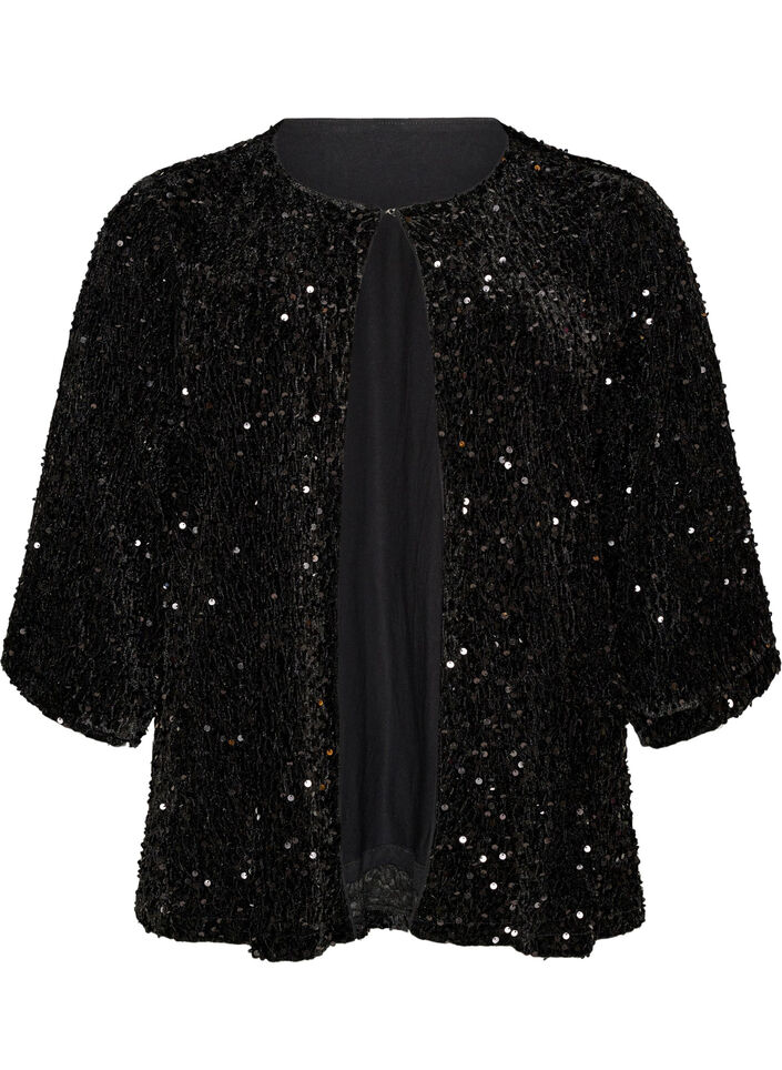 Strickjacke mit Pailletten und 3/4-&Auml;rmeln, Schwarz, Packshot image number 0