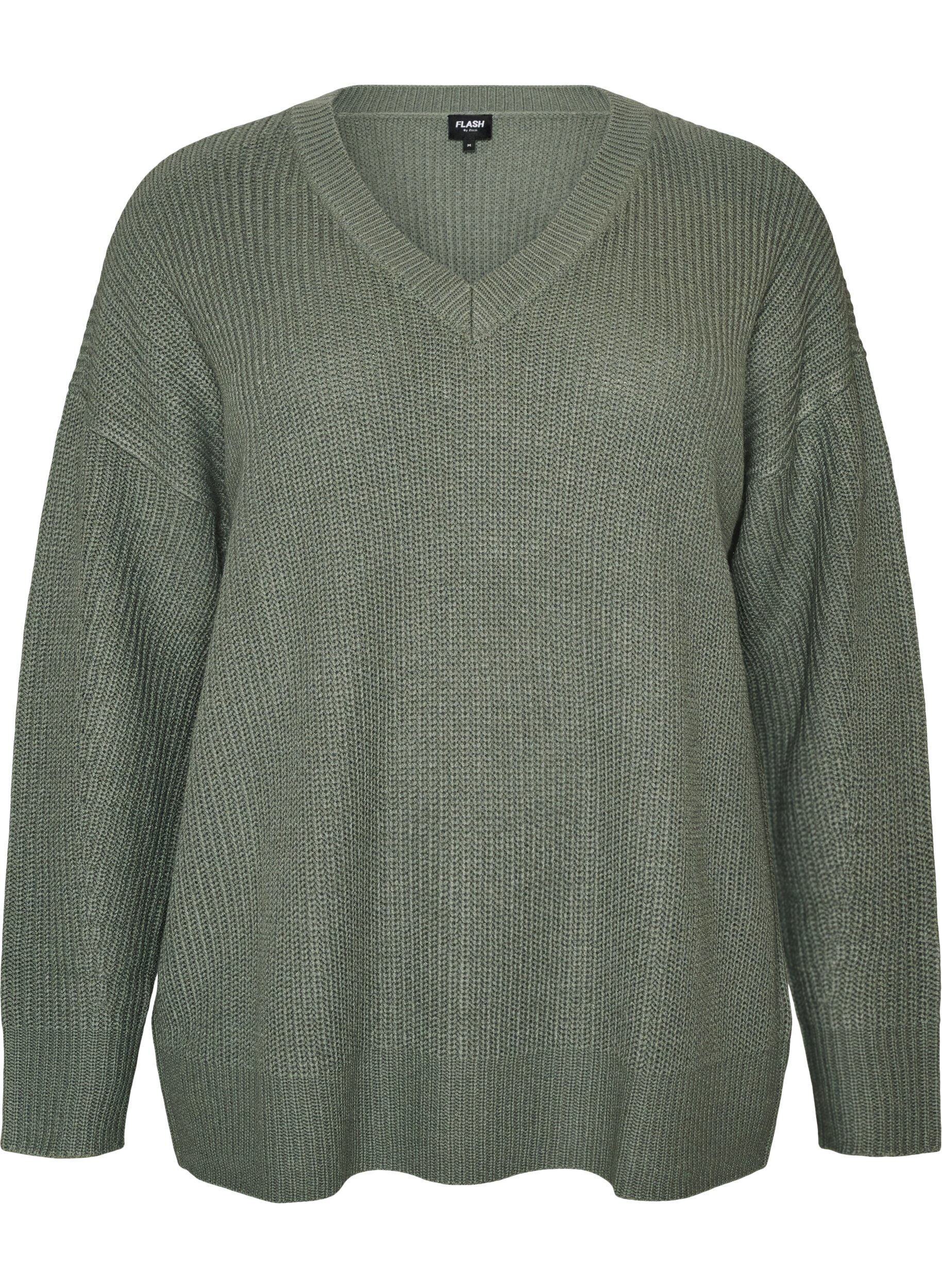 Lange Rippstrickbluse mit V-Ausschnitt
