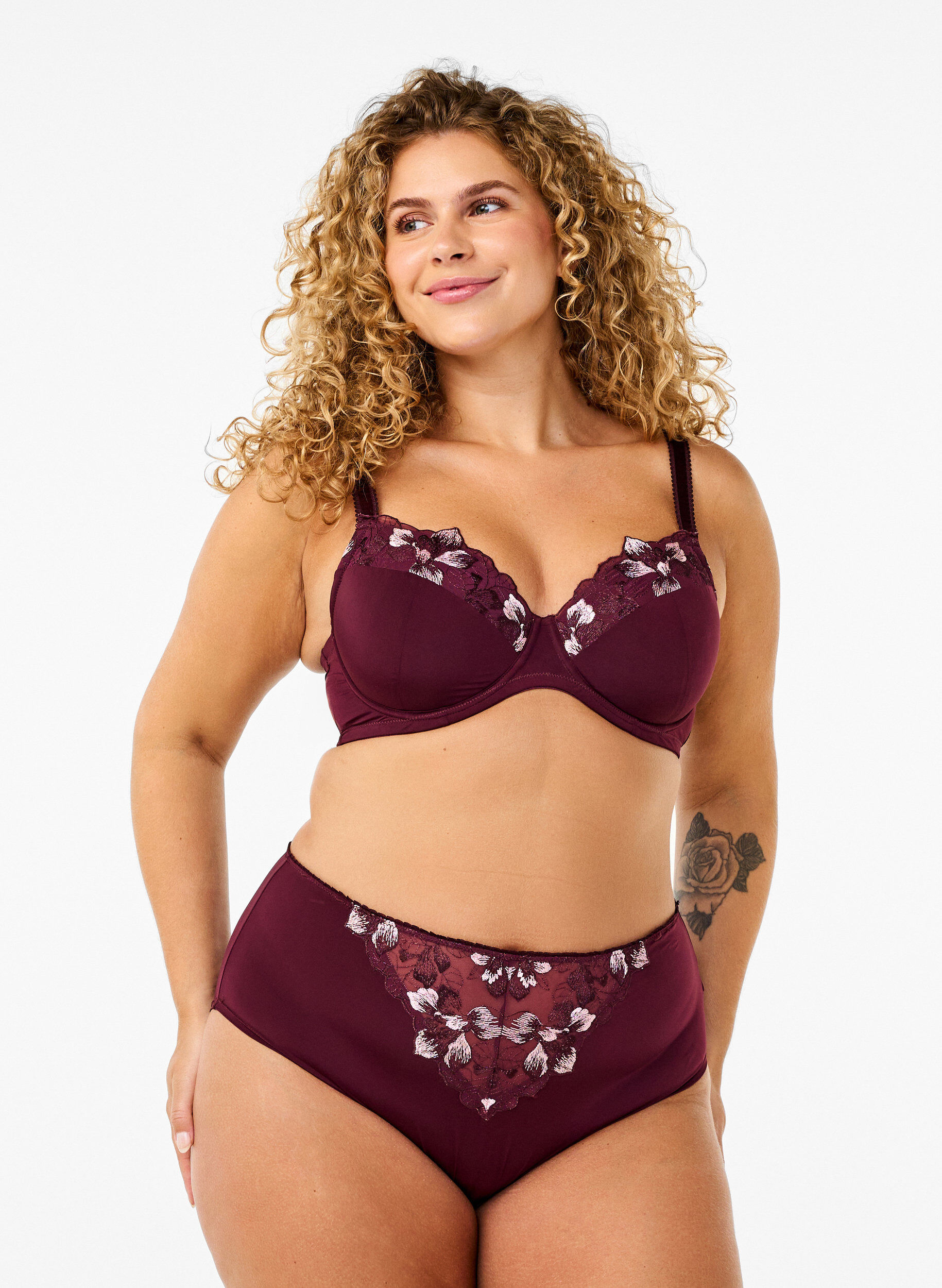Zizzi Mikrofaser-Panty mit floralen Stickereien, Dunkles Bordeaux, Model image number 0