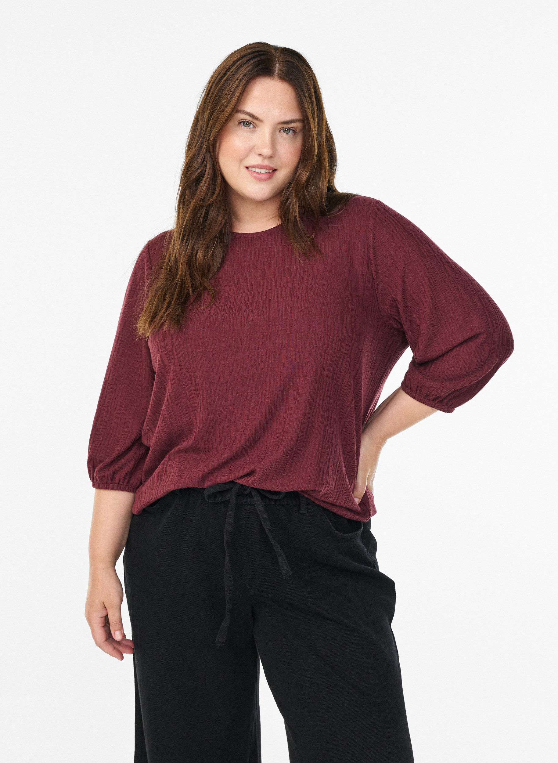 Zizzi Bluse mit Struktur und 3/4-&Auml;rmeln, Rot, Model image number 0